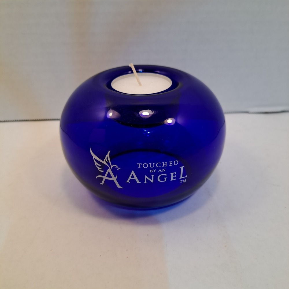 Touched by an Angel Blue Glass Round Tealight Holder Angels "Let there be light"